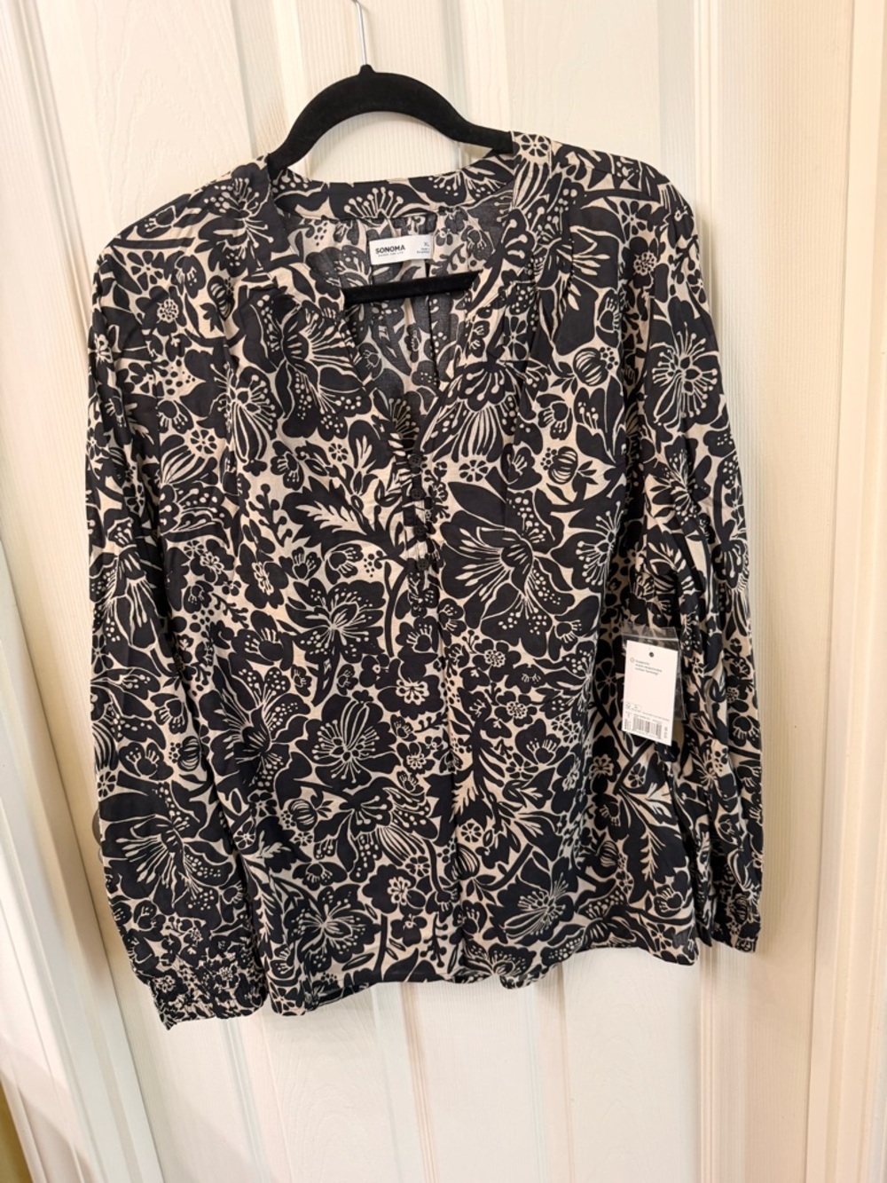 NWT Sonoma Black & Cream Floral Button-Front Blouse XL
